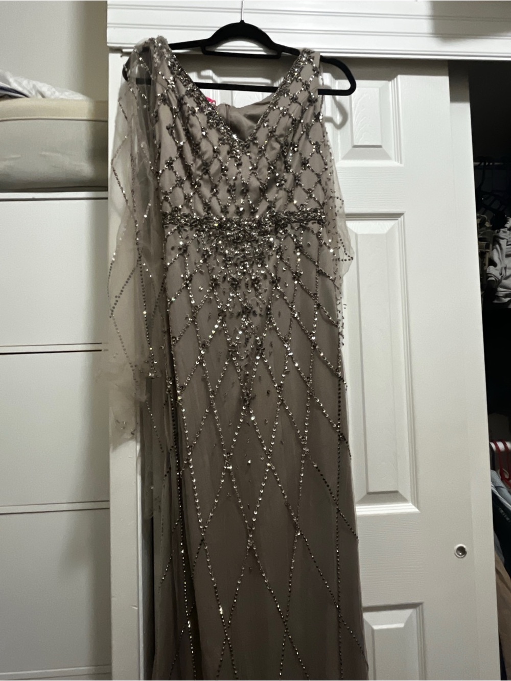 Beaded Taupe Evening Gown with Sheer Capelet